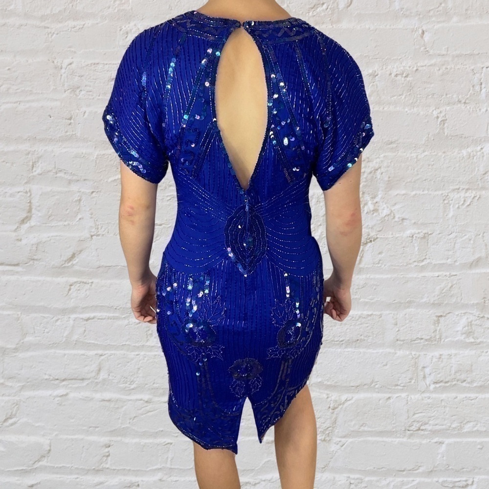SCALA Milan Paris Los Angeles blue silk sequin vintage dress, New With Tags! - Picture 6 of 12